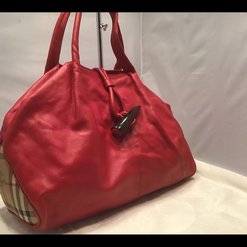 Burberry Leather Haymarket Tote Large Red